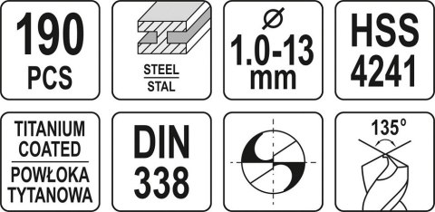 ZESTAW WIERTEŁ DO METALU 190SZT 1-13MM YATO