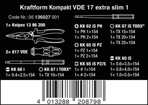 ZESTAW KRAFTFORM KOMPAKT VDE 17 EXTRA SLIM 1, 16 CZĘŚĆ WERA