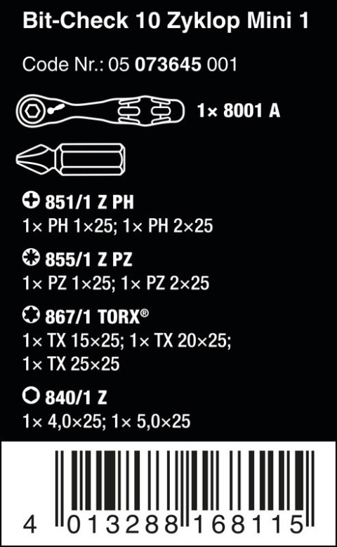ZESTAW BITÓW BIT-CHECK 10 ZYKLOP MINI 1 10 CZĘŚĆ WERA