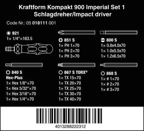 WKRĘTAK UDAROWY KRAFTFORM KOMPAKT 900 IMPERIAL, SET 1, 19CZ. WERA