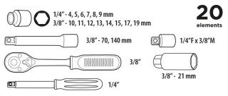 ZESTAW KLUCZY NASADOWYCH 1/4'', 3/8'' 20 EL. TOPEX