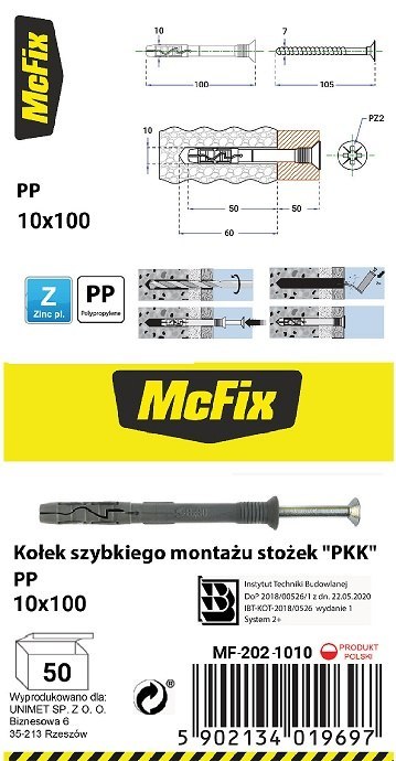 KOŁEK SZYBKI MONTAŻ STOŻEK PP 10*100MM MC FIX