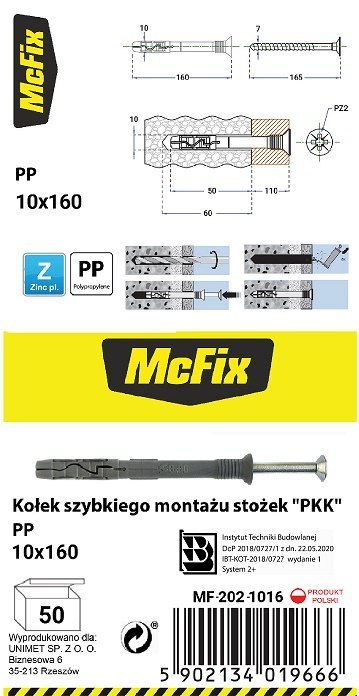 KOŁEK SZYBKI MONTAŻ STOŻEK PP 10*160MM MC FIX