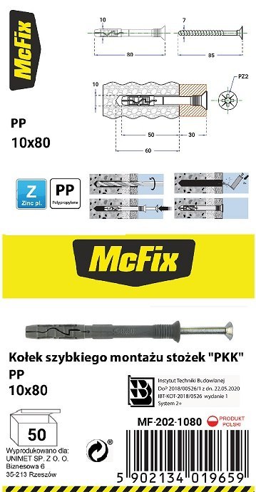 KOŁEK SZYBKI MONTAŻ STOŻEK PP 10*80MM MC FIX