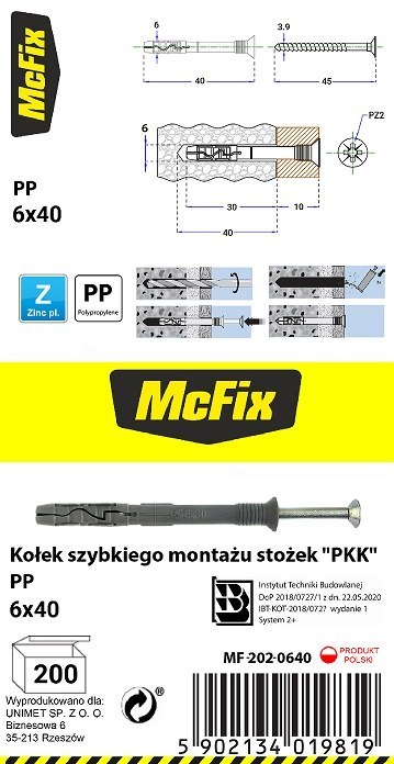 KOŁEK SZYBKI MONTAŻ STOŻEK PP 6*40MM MC FIX