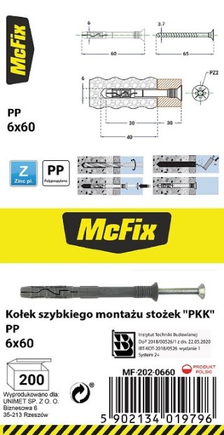 KOŁEK SZYBKI MONTAŻ STOŻEK PP 6*60MM MC FIX