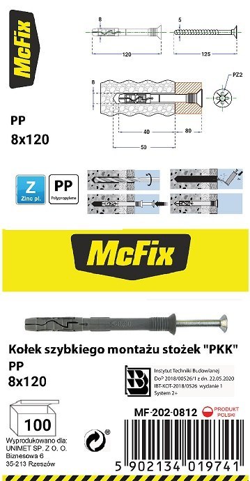 KOŁEK SZYBKI MONTAŻ STOŻEK PP 8*120MM MC FIX