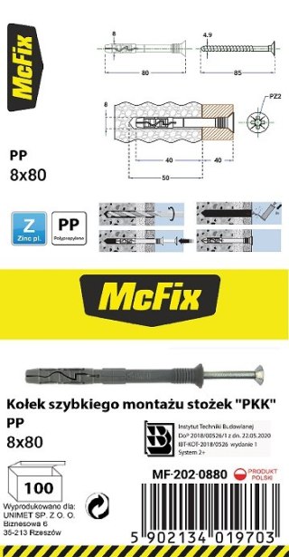 KOŁEK SZYBKI MONTAŻ STOŻEK PP 8*80MM MC FIX