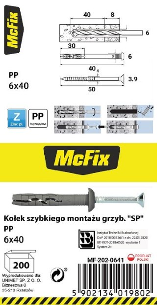 KOŁEK SZYBKI MONTAŻ Z KOŁNIERZEM PP 6*40MM MC FIX