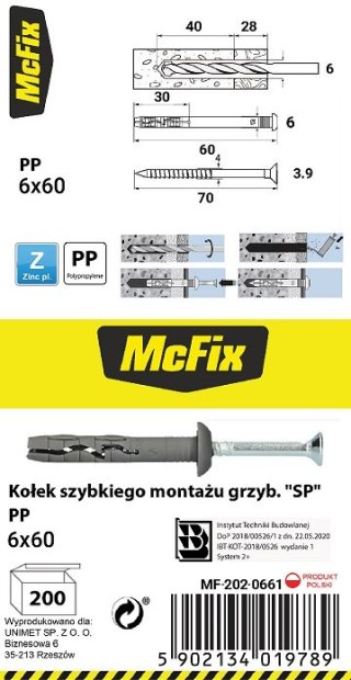 KOŁEK SZYBKI MONTAŻ Z KOŁNIERZEM PP 6*60MM MC FIX