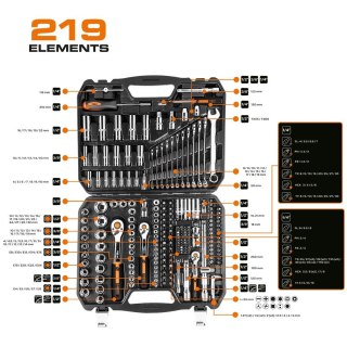 ZESTAW KLUCZY NASADOWYCH 1/2'',3/8'',1/4'' 219 CZĘŚCI NEO