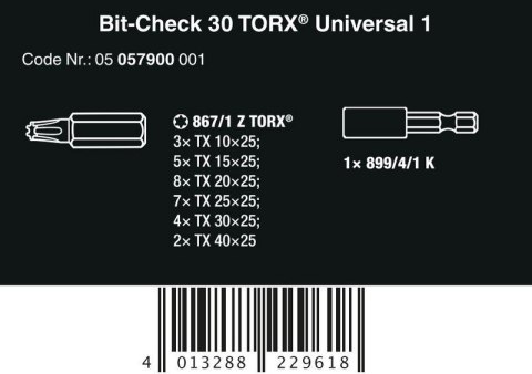 ZESTAW BITÓW BIT-CHECK 30 TX UNIVERSAL 1 SB, 30 CZ. WERA