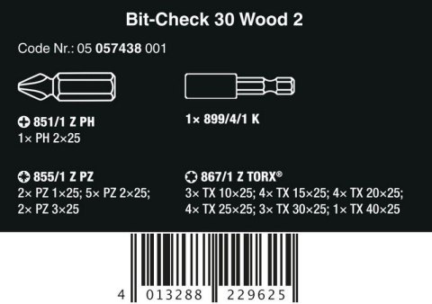 ZESTAW BITÓW BIT-CHECK 30 WOOD 2 SB, 30 CZ. WERA