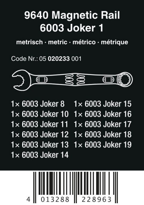 ZESTAW KLUCZY PŁAS.-OCZK. Z GRZECH. 6003 JOKER 1+LISTA MAGN. WERA