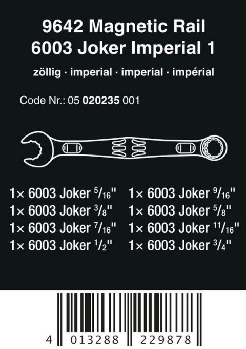 ZESTAW KLUCZY PŁAS.-OCZK. Z GRZECH. 6003 JOKER 1+LISTA MAGN. WERA