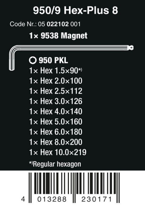 ZESTAW KLUCZY TRZPIENIOWYCH 950/9 HEX-PLUS 8, 9CZR WERA