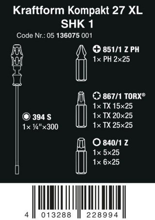 ZESTAW KRAFTFORM KOMPAKT 27 XL SHK 1, 7 CZĘŚĆ WERA