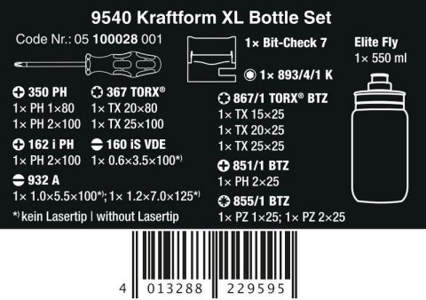 ZESTAW NARZĘDZI WKRĘTAK. 9540 KRAFTFORM XL BOTTLE SET,17CZ. WERA