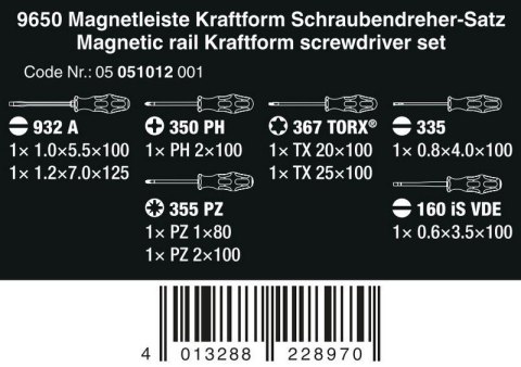 ZESTAW WKRĘTAKÓW KRAFTFORM NA LISTWIE MAGNETYCZNEJ 9650 WERA