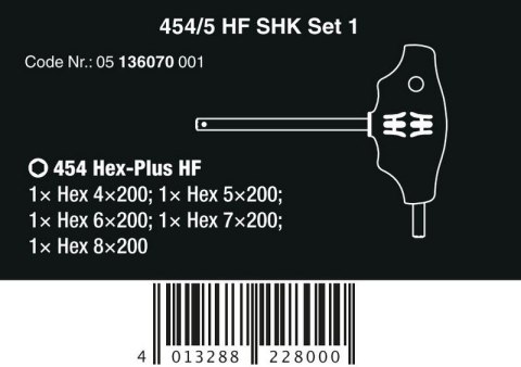 ZESTAW WKRĘTAKÓW PROFIL HEX PLUS W 454/5 HF SHK SET 1, 5CZ. WERA