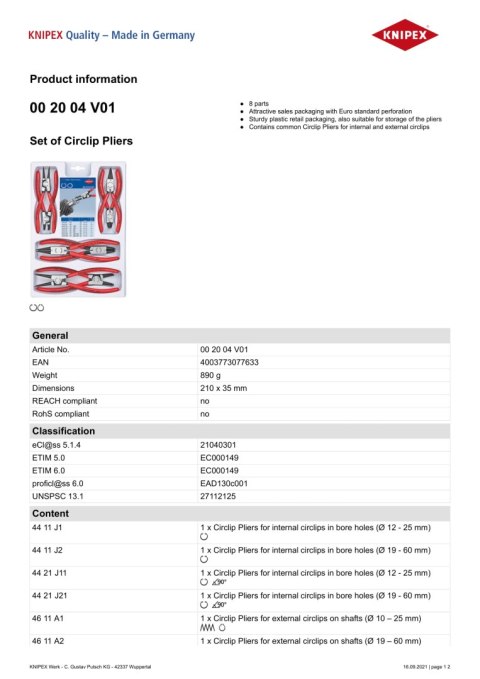 ZESTAW SZCZYPIEC DO PIERŚCIENI OSADCZYCH 8-CZ. 00 20 04 V01