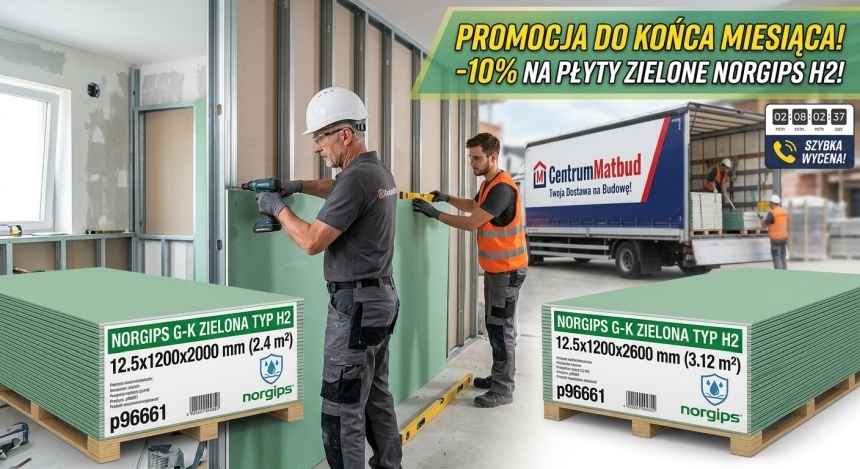 PROMOCJA DO KOŃCA MIESIĄCA: -10% NA PŁYTY ZIELONE NORGIPS!