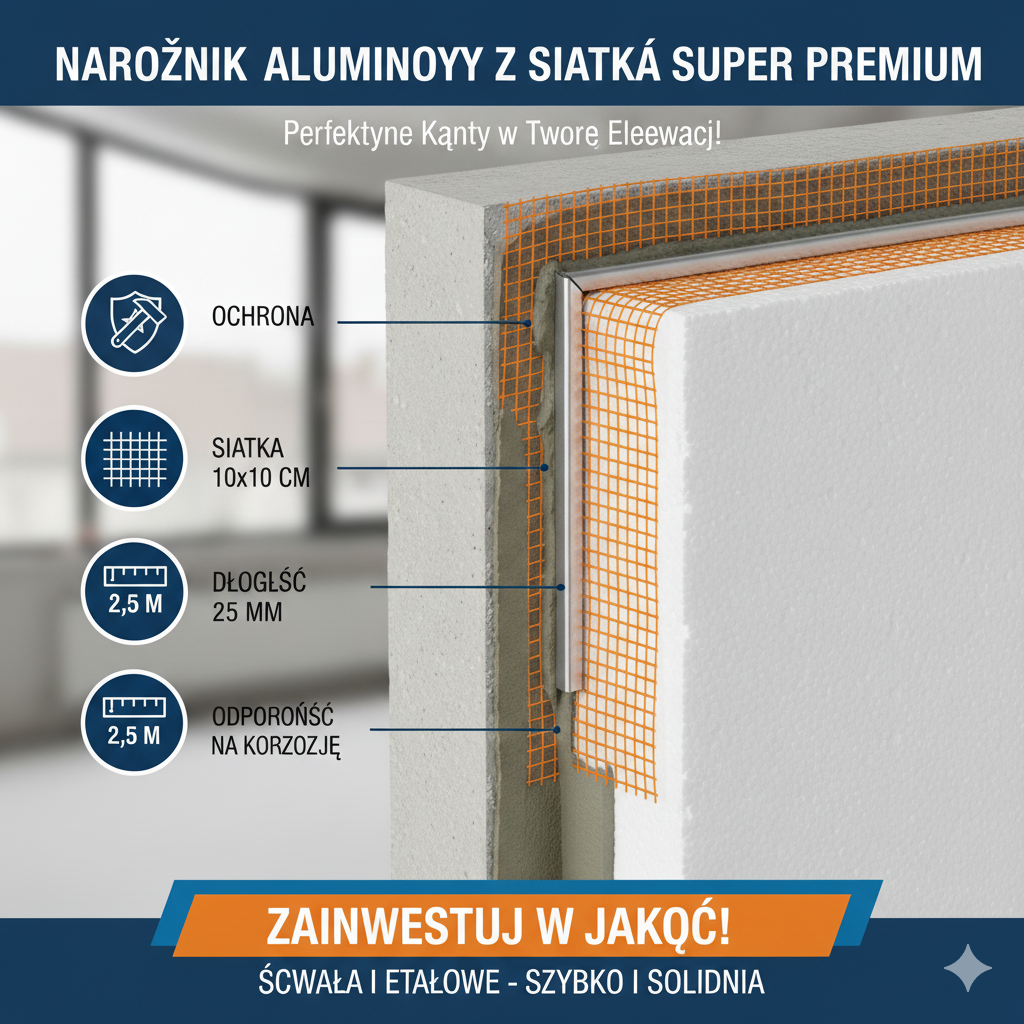 Narożnik Aluminiowy z Siatką 10x10 cm 2.5 m SUPER PREMIUM – Perfekcyjne Kąty w Twojej Elewacji!